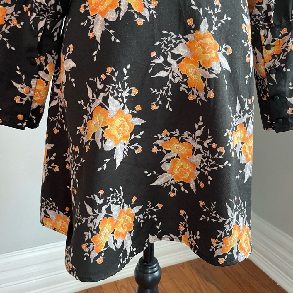 Free People Floral Black and Orange Dress Long Sleeves Button Back Side Zip Sz 8 - Picture 10 of 15